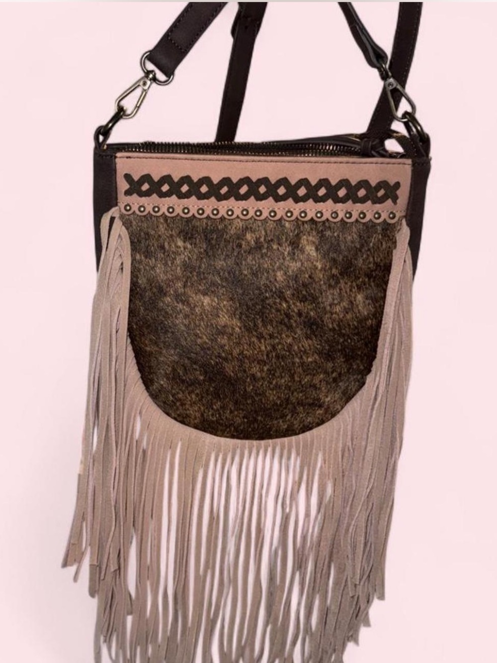Trinity Ranch Fringe Crossbody Bag with Haircalf Front